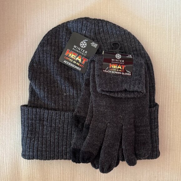 Winter Essentials Locks in Heat Cuff Hat Men's Knit Texting Gloves Set - Picture 1 of 3